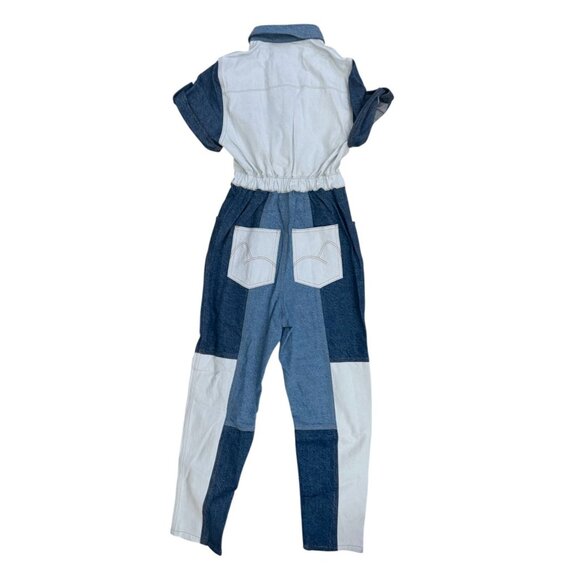 Farm Rio Womens Patchwork Denim Jumpsuit Size 25 Colorblock Design NWT - Picture 2 of 9